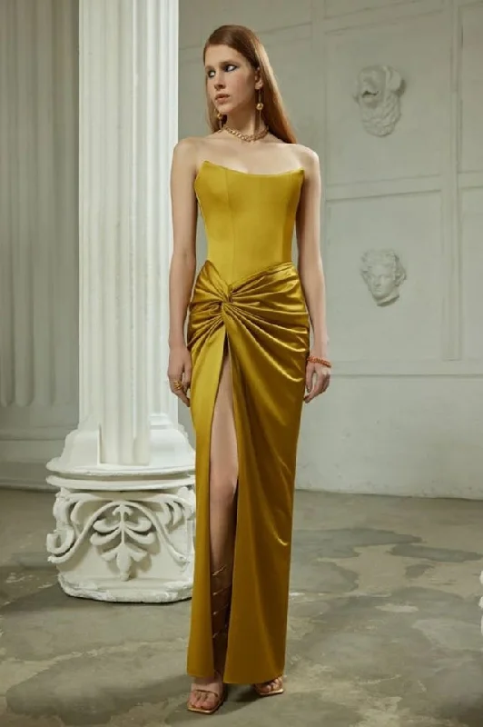 Mustard Draped Satin Corset Maxi Dress Fashionable High-Waist Maxi Dress