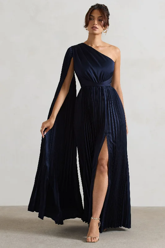 My Vision | Navy Plisse Asymmetric Split Maxi Dress With Cape Sleeve Fashionable Button-Down Maxi Dress