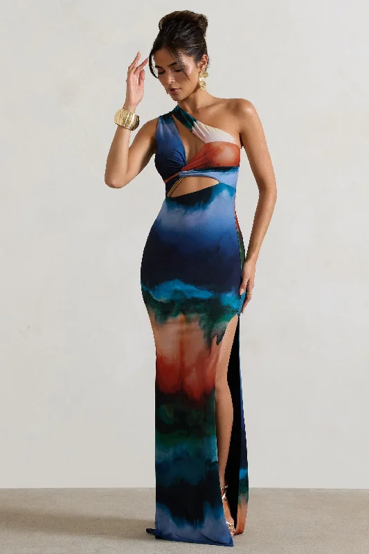 Mykonos | Multi Blur Print Asymmetric Cut-Out Split Maxi Dress Cozy Spaghetti Strap Maxi Dress