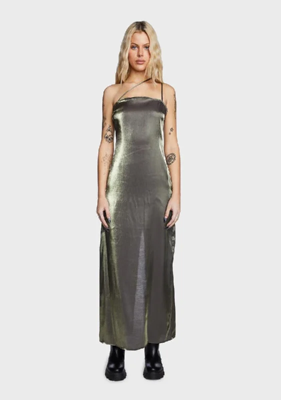 Olive Iridescent Maxi Dress Comfortable Maxi Dress with Belt