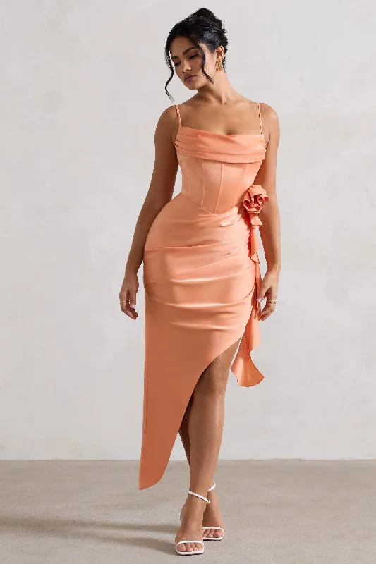 On The List | Peach Asymmetric Corset Maxi Dress With Floral Drape Cozy Ruffle Sleeve Maxi Dress