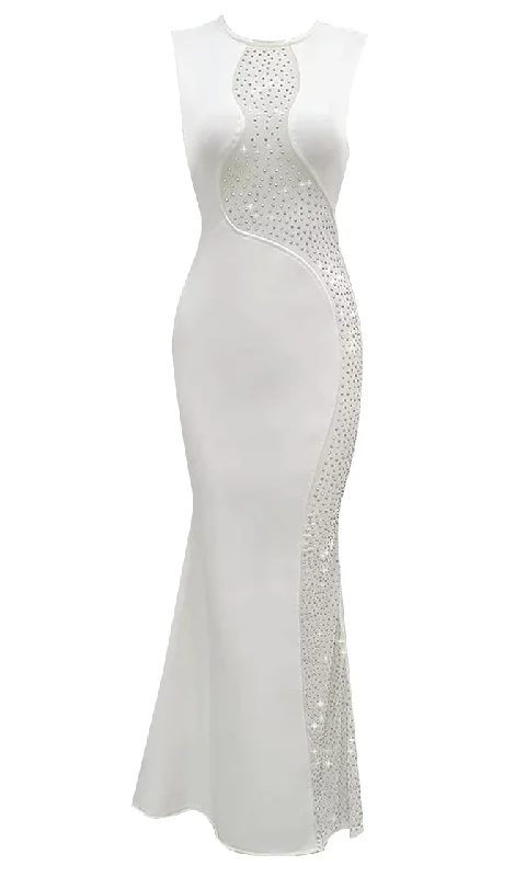 Peek Of Perfection <br><span>White Sleeveless Sheer Mesh Rhinestone Cut Out Back Round Neck Mermaid Maxi Dress</span> Classic Solid Maxi Dress