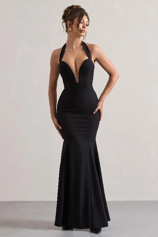 Plaza | Black Plunge Halter-Neck Fishtail Maxi Dress Chic Sleeveless Maxi Dress