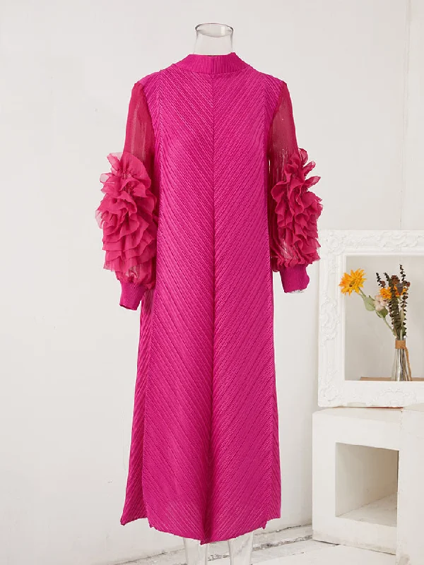 Miyake Pleated Ruffles Long Sleeve Maxi Dress Comfortable Satin Maxi Dress