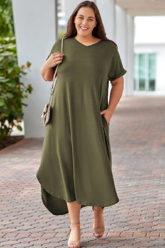 Plus Size Rolled Cuffs Maxi Dress Comfortable Ruffle Maxi Dress