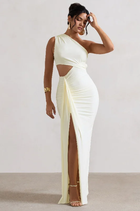 Rhodes | Ecru One-Shoulder Cut-Out Split Maxi Dress With Drape Chic Off-Shoulder Maxi Dress