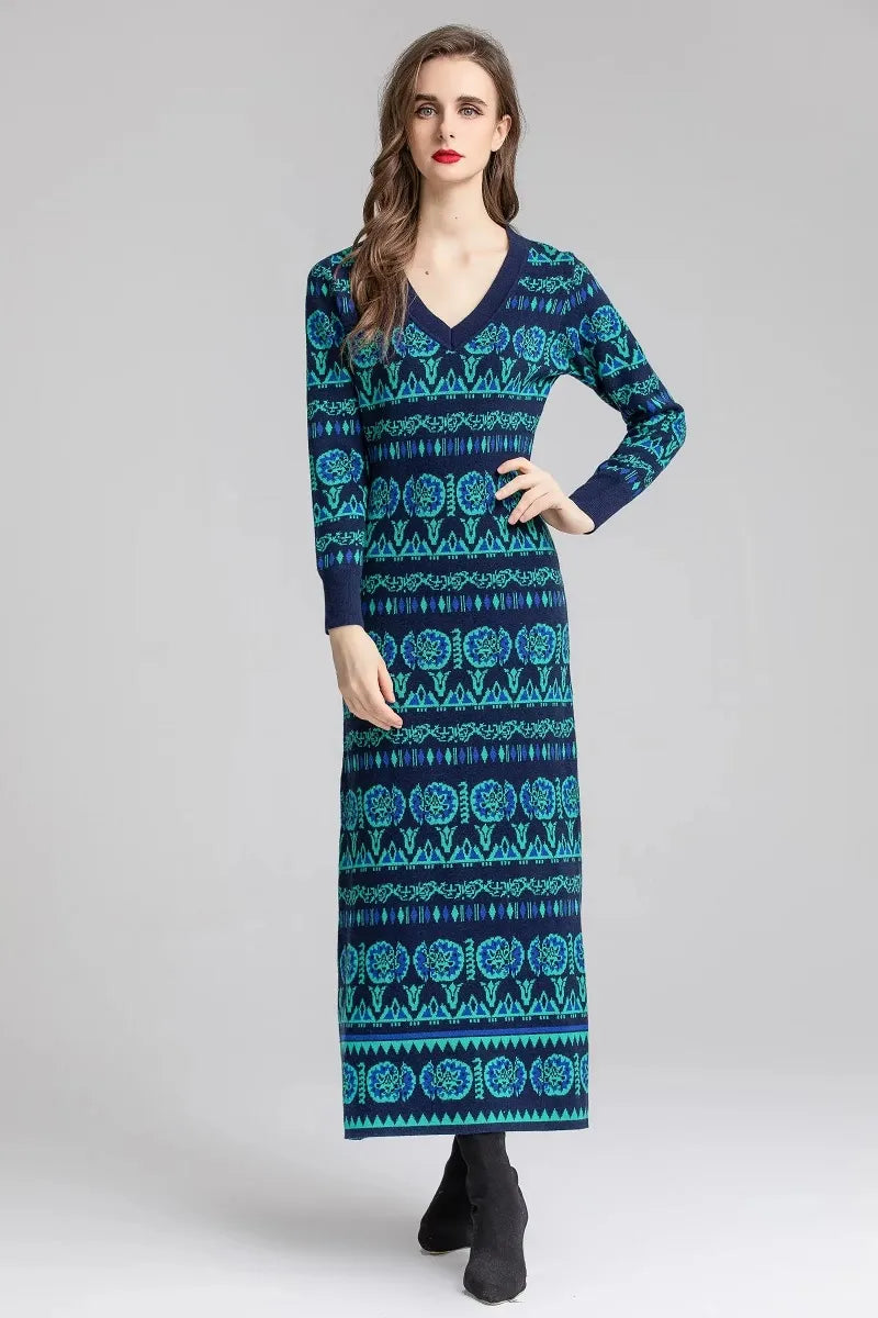 Vintage Geometric Pattern V-Neck Knitted Maxi Dress Classic A-Line Maxi Dress