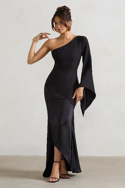 Salem | Black Asymmetric Cape-Sleeve Maxi Dress With Satin Skirt Trendy Printed Maxi Dress