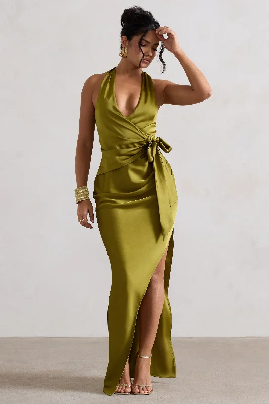 Santorini | Olive Satin Plunge-Neck Wrap Maxi Dress Cozy Spaghetti Strap Maxi Dress