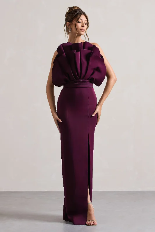 Set The Bar | Plum Ruffled Strapless Split Maxi Dress Fashionable Open-Back Maxi Dress