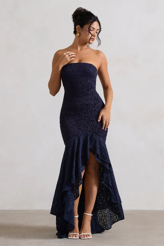 Solange | Navy Broderie Bandeau High-Low Maxi Dress Elegant Maxi Dress with Ruffles