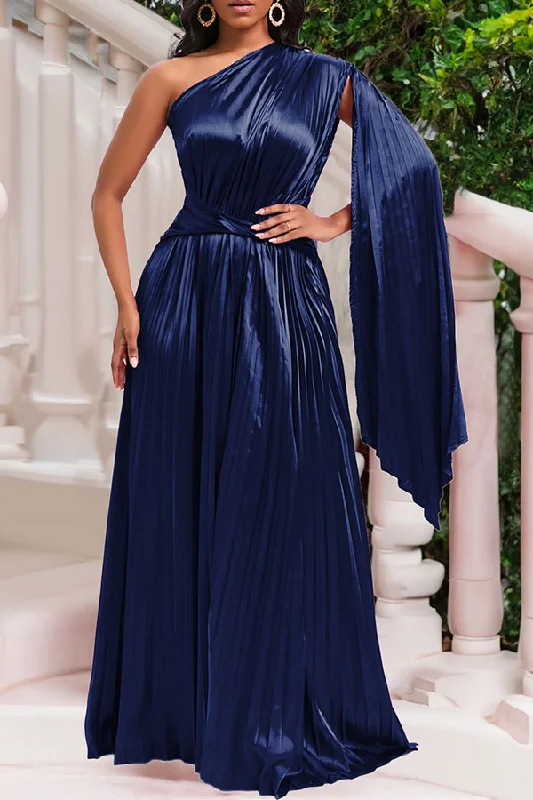 Solid Color One Shoulder Luxe Pleated Maxi Dress Stylish One-Shoulder Maxi Dress