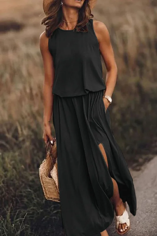 KaleaBoutique Solid Sleeveless Tunic Maxi Dress with Split Chic Off-Shoulder Maxi Dress