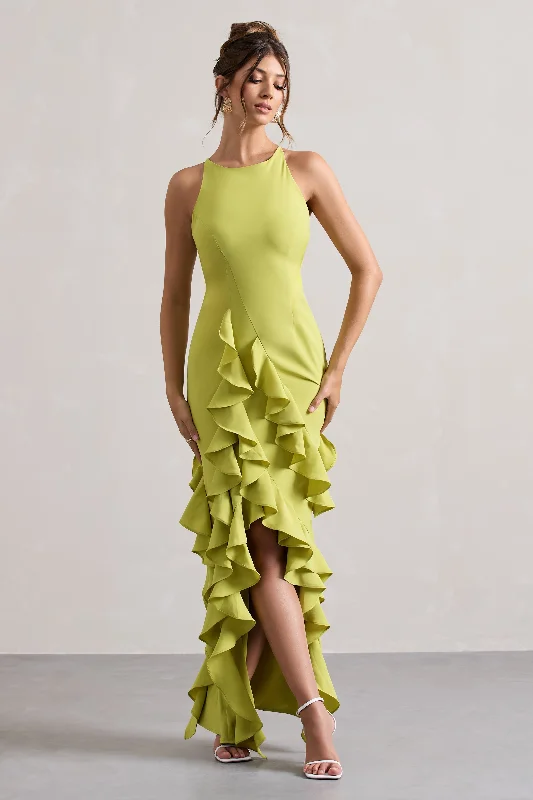 Sommer | Lime Green Racer-Neck Ruffle Maxi Dress Stylish Maxi Dress with Frills