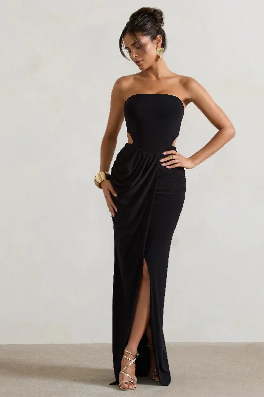 St Barts | Black Strapless Cut-Out Maxi Dress With Twist Skirt Stylish One-Shoulder Maxi Dress