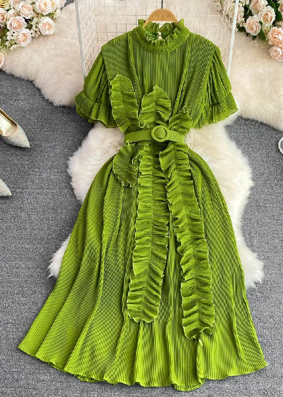 Stylish Green Stand Collar Ruffled Maxi Dress Short Sleeve Chic Summer Maxi Dress