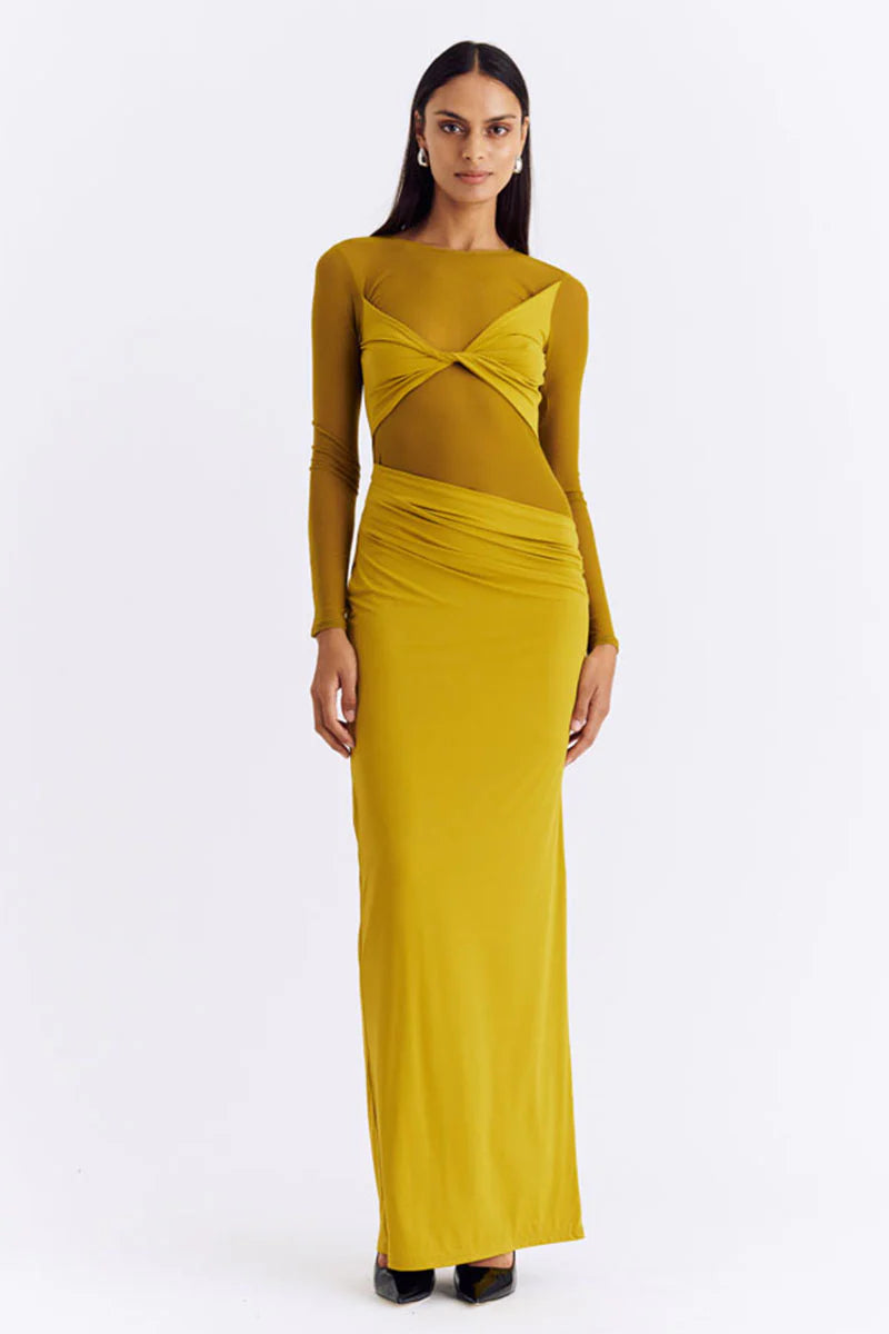 Suboo Auguste Long Sleeve Mesh Jersey Maxi Dress - Citron Elegant Boho Maxi Dress