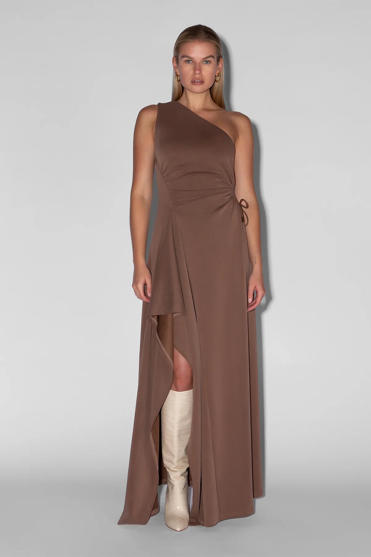 The Wolf Gang Vivi One Shoulder Maxi Dress - Cocoa Fashionable Asymmetrical Maxi Dress