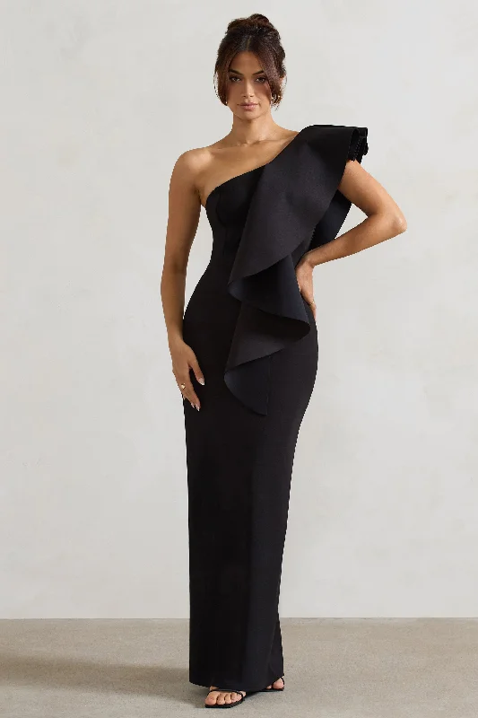 Timeless Love | Black Asymmetric Draped Ruffle Maxi Dress Elegant Sleeveless Maxi Dress