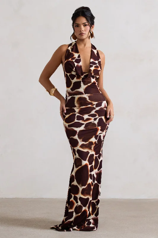 Tulum | Giraffe Print Cowl-Neck Gathered Split Maxi Dress Comfortable T-Shirt Maxi Dress