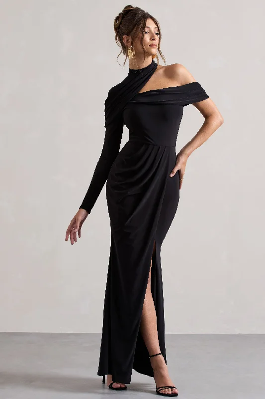 Tyla | Black Asymmetric High-Neck Split Maxi Dress Comfortable Flowy Maxi Dress