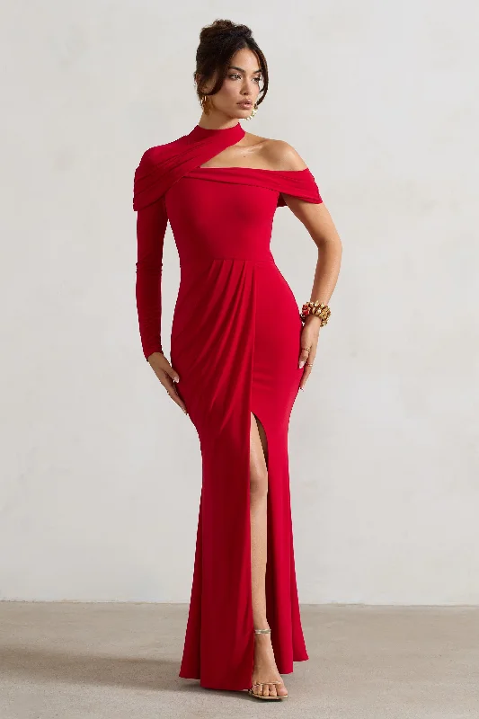 Tyla | Red Asymmetric High-Neck Split Maxi Dress Elegant Boho Maxi Dress