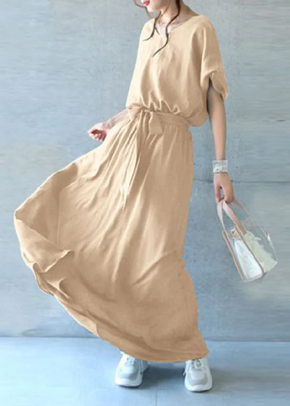 Unique Light Yellow V Neck Exra Large Hem Cotton Maxi Dresses Summer Fashionable Faux Wrap Maxi Dress