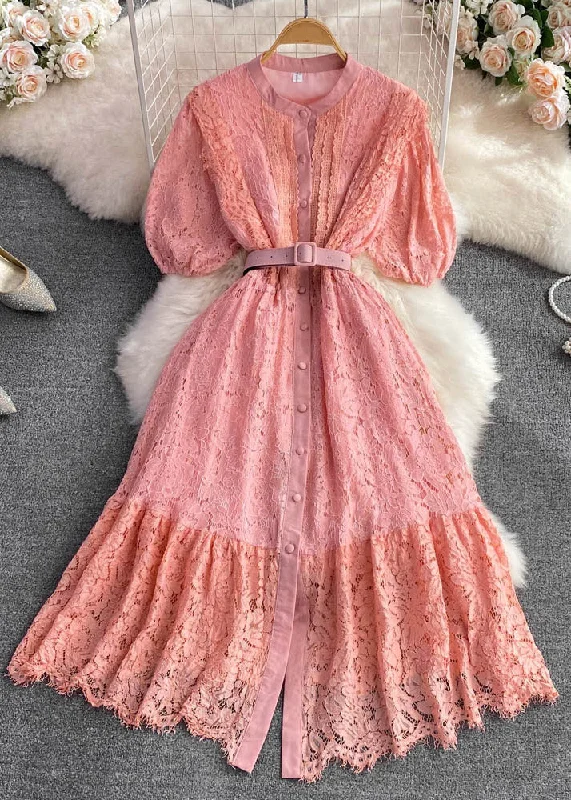 Unique Pink O-Neck Sashes Button A Line Maxi Dress Short Sleeve Fashionable Faux Wrap Maxi Dress