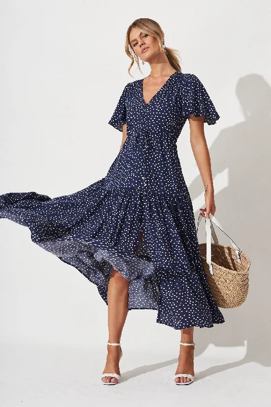 Violet Maxi Dress In Navy Spot Trendy Button Front Maxi Dress