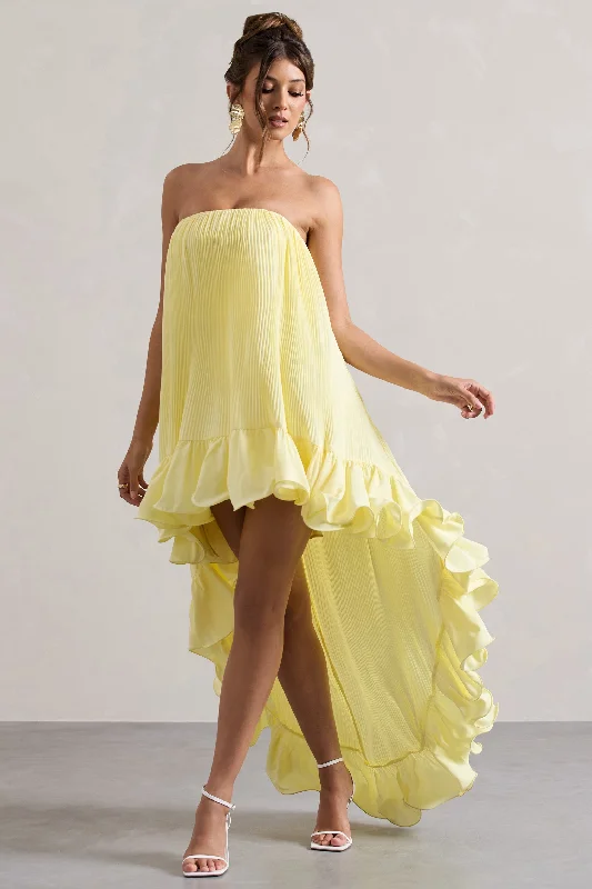 Whistler | Lemon Chiffon Bandeau High-Low Ruffled Maxi Dress Fashionable Off-Shoulder Maxi Dress