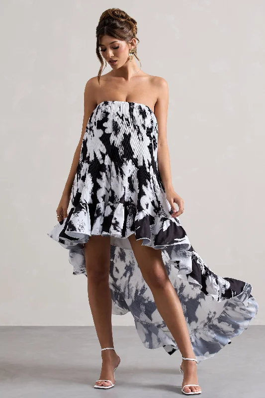 Whistler | Monochrome Floral Chiffon Bandeau High-Low Ruffled Maxi Dress Elegant Tiered Maxi Dress