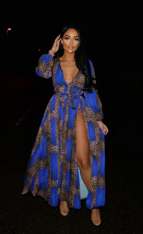 Wild Love Royal Blue & Leopard Print Plunge Long Sleeve Double Slit Maxi Dress Fashionable High-Low Maxi Dress