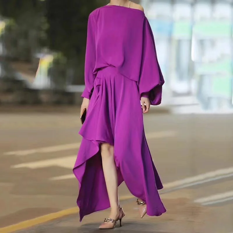 Asymmetrical Slash Neck Lantern Sleeve Maxi Dress Comfortable Flowy Maxi Dress