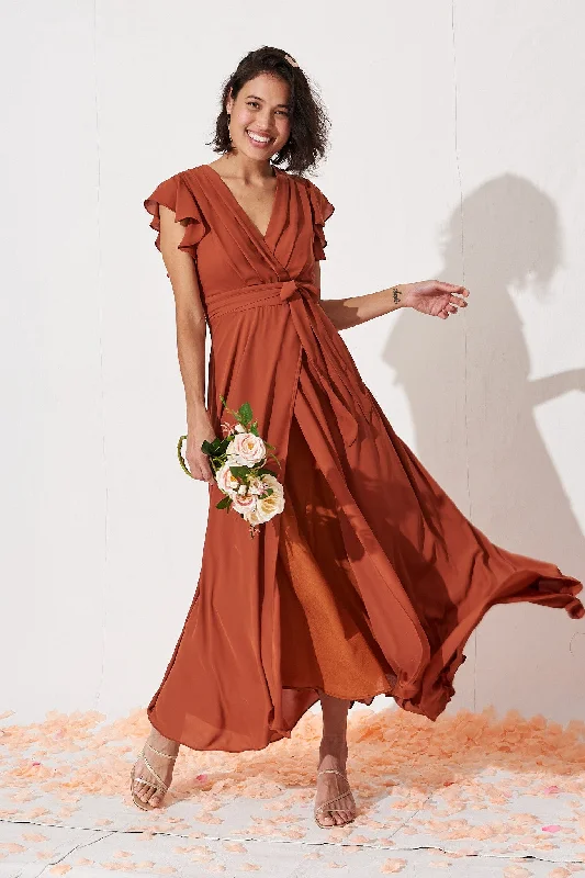 Wynter Maxi Dress in Rust Chiffon Trendy Ruffled Maxi Dress