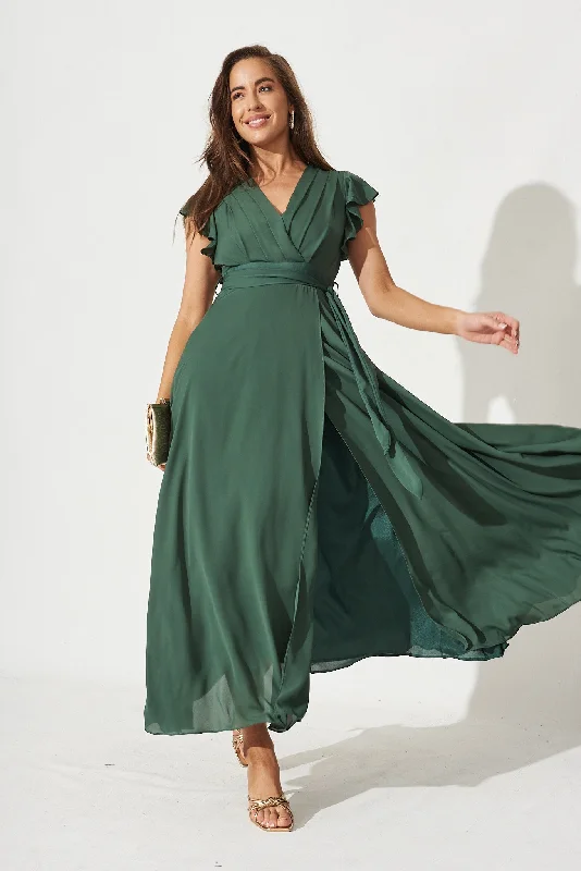 Wynter Maxi Dress in Green Chiffon Comfortable Bohemian Maxi Dress