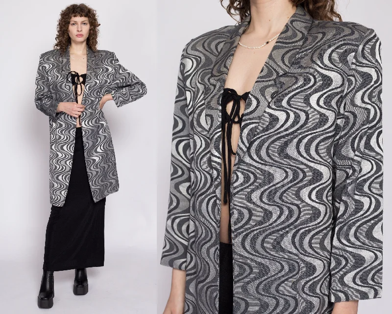 80s Silver & Black Wavy Op Art Jacket - Large Boat Neck Shawl Collar Notched Collar