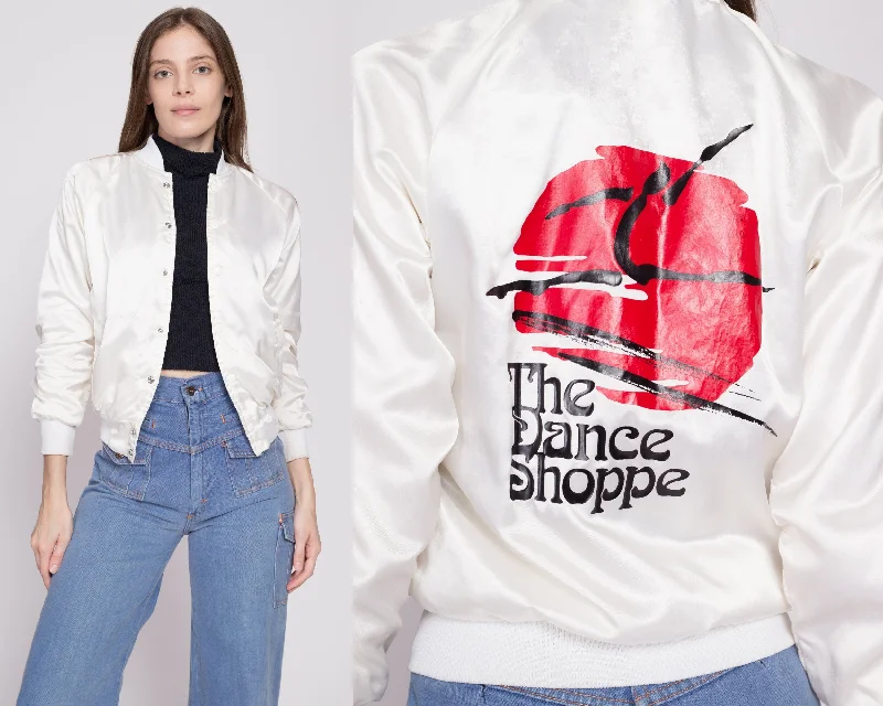 80s The Dance Shoppe Cropped Satin Varsity Jacket - Petite XS Toggled Jacket Drawstring Jacket Belted Jacket