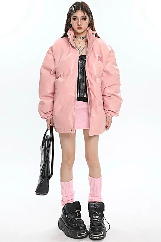 AStar Solid Color Long Sleeve Zip Up Button Up Puffer Turtleneck Jacket Toggled Jacket Drawstring Jacket Belted Jacket