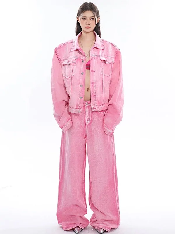 Barbie Pink Denim Bleach Washed Dye Long Sleeve Button Up Jean Jacket + Low Waist Straight Leg Jeans Pants Matching Set Denim Jacket Leather Jacket Suede Jacket