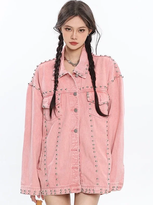 Chrissy Pink Vintage Denim Studded Multi-Pocket Long Sleeve Button Up Jacket Ribbed Jacket Pleated Jacket Ruffled Jacket