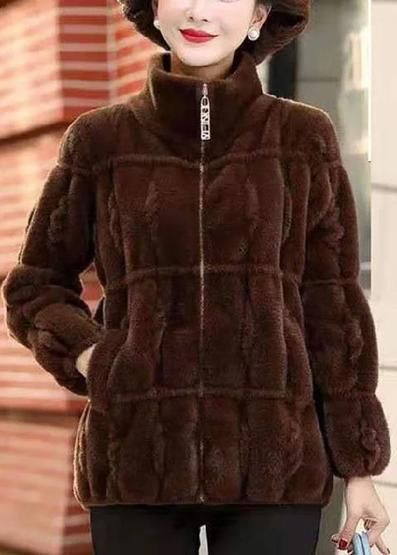 Coffee Warm Mink Hair Knitted Jackets Zip Up Pockets Winter Anorak Shell Jacket Lightweight Jacket