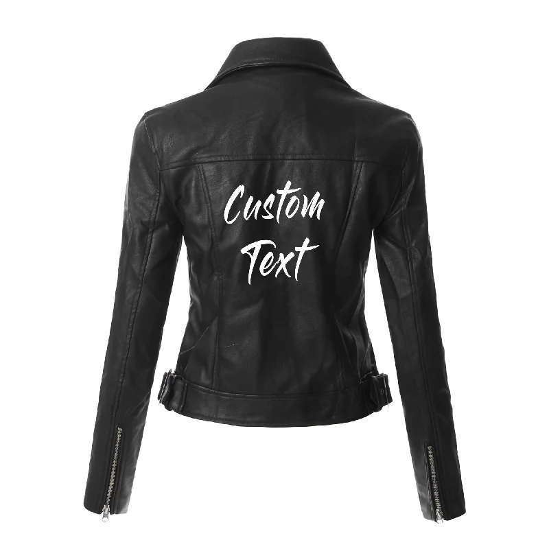 Custom Text Black Crop Leather Jacket Chenille Fabric Brocade Fabric Lace Fabric