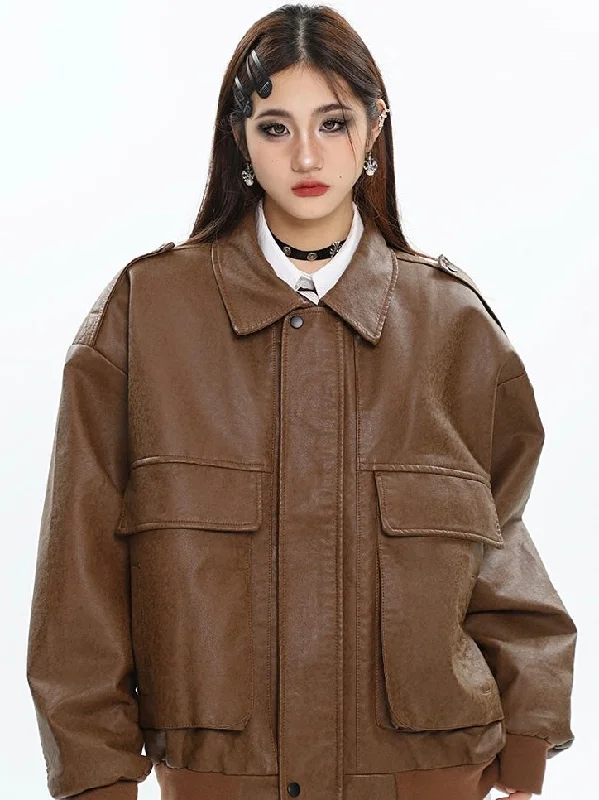 Dalia Solid Color Brown Faux Leather Zip Up Button Up Long Sleeve Double Jacket A-Line Jacket Boat Neck Shawl Collar