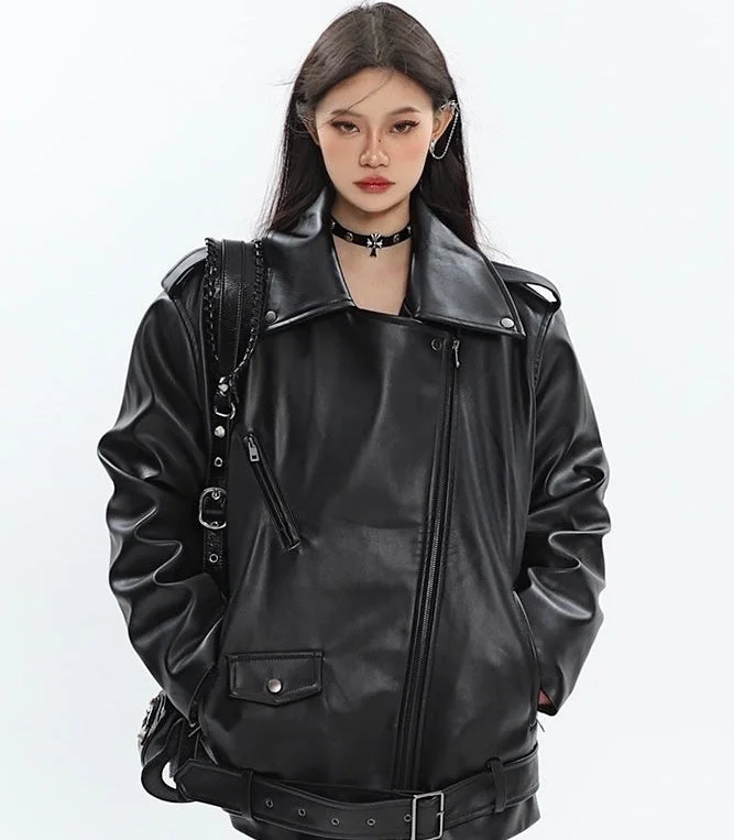 Elaine Black Street Vintage PU Leather Long Sleeve Zip Up Motorcycle Jacket Belted Jacket Elasticated Jacket Padded Jacket