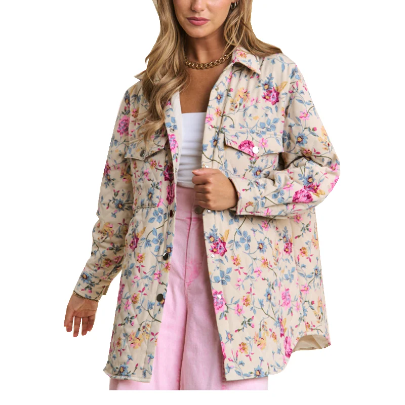 Floral Quilt Stitch Oversized Button Down Jacket One-Shoulder Jacket Off-the-Shoulder Jacket Asymmetrical Jacket