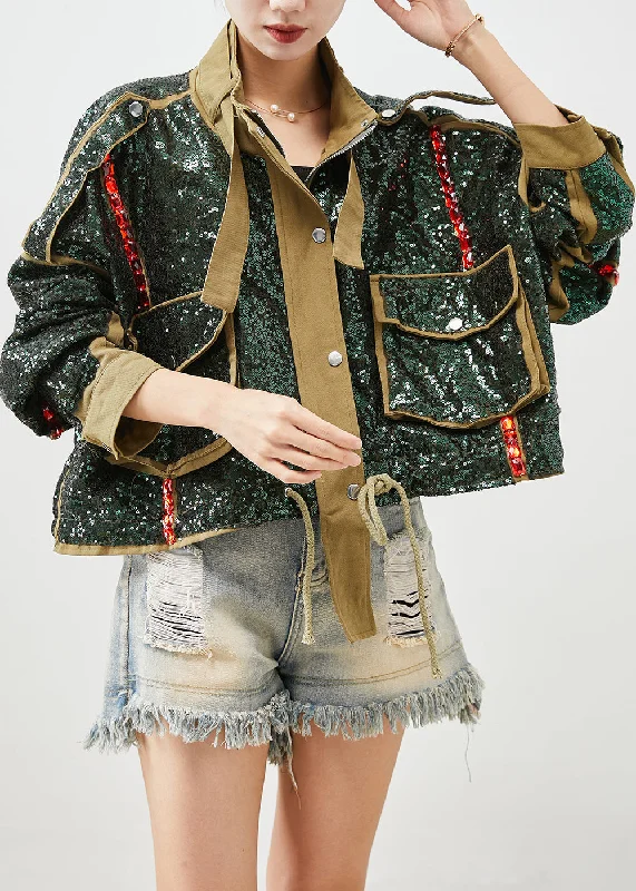 French Army Green Sequins Oversized Drawstring Jacket Fall Corduroy Jacket Velvet Jacket Brocade Jacket