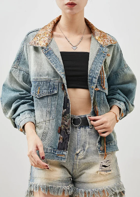 French Blue Tasseled Patchwork Denim Jacket Spring Corduroy Jacket Velvet Jacket Brocade Jacket