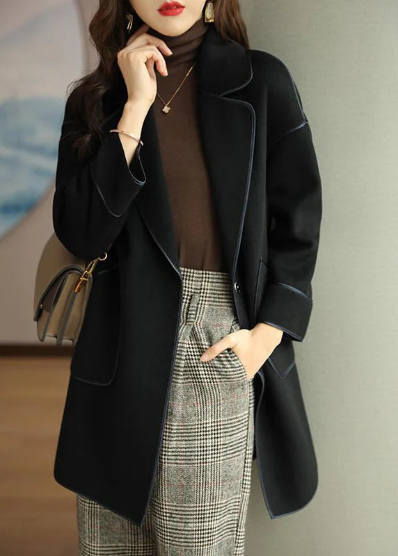 Handmade Black Peter Pan Collar Patchwork Woolen Jackets Fall Welt Pockets Slit Pockets Flap Pockets