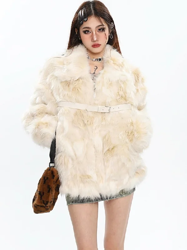 Loreila Faux Fur Zip Up Leather Belt Strap Long Sleeve Jacket Nylon Fabric Polyester Fabric Spandex Fabric