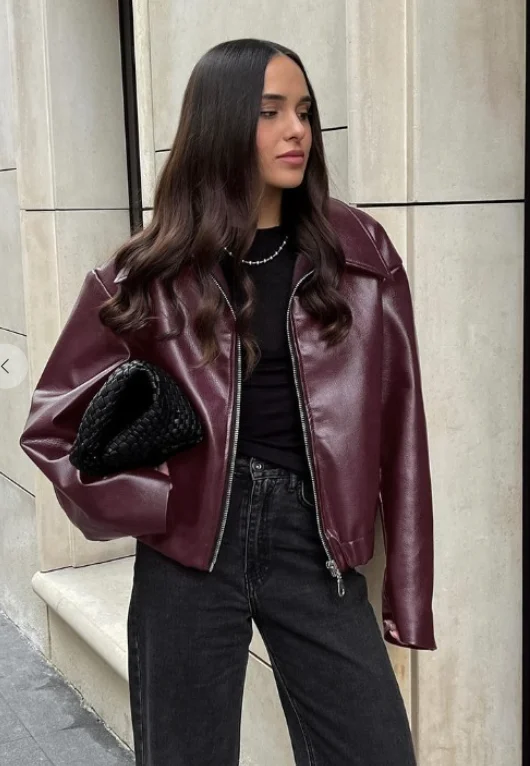 Maroon Faux Leather Jacket Front Pockets Side Pockets Patch Pockets